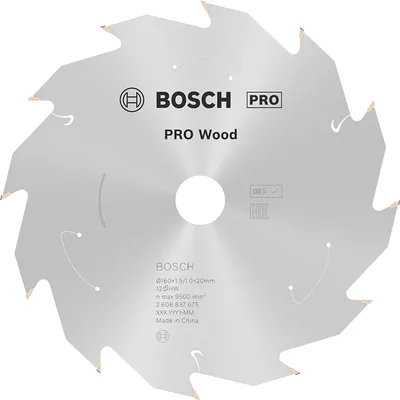 Диск карбиден за рязане Bosch на дърво 160 мм, 20 мм, 1 мм, 12 z, PRO Wood cordless