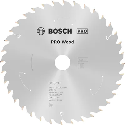 Диск карбиден за рязане Bosch на дърво 160 мм, 20 мм, 1 мм, 36 z, PRO Wood cordless