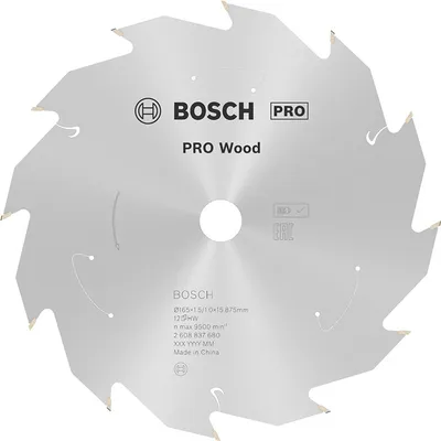 Диск карбиден за рязане Bosch на дърво  165 мм, 15.88 мм, 1 мм, 12 z, PRO Wood cordless