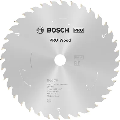 Диск карбиден за рязане Bosch на дърво  165 мм, 15.88 мм, 1 мм, 36 z, PRO Wood cordless