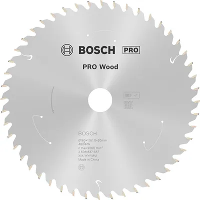 Диск карбиден за рязане Bosch на дърво 165 мм, 20 мм, 1 мм, 48 z, PRO Wood cordless