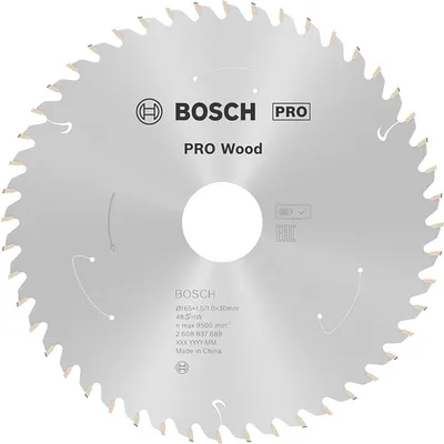 Диск карбиден за рязане Bosch на дърво 165 мм, 30 мм, 1 мм, 48 z, PRO Wood cordless