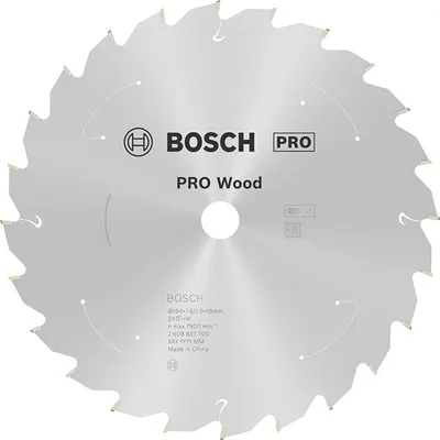 Диск карбиден за рязане Bosch на дърво 184 мм, 16 мм, 1 мм, 24 z, PRO Wood cordless