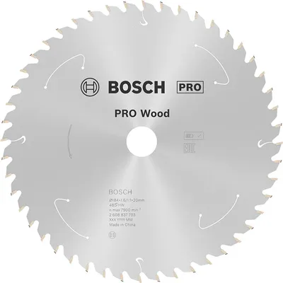 Диск карбиден за рязане Bosch на дърво  184 мм, 20 мм, 1.1 мм, 48 z, PRO Wood cordless