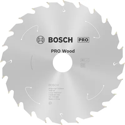 Диск карбиден за рязане Bosch на дърво 190 мм, 20 мм, 1.1 мм, 24 z, PRO Wood cordless