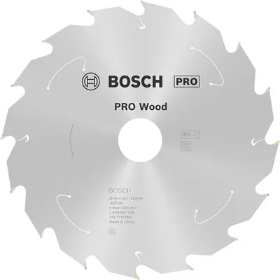Диск карбиден за рязане Bosch на дърво 190 мм, 30 мм, 1.1 мм, 16 z, PRO Wood cordless