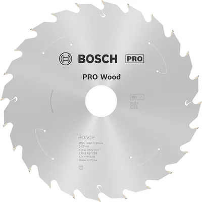 Диск карбиден за рязане Bosch на дърво 190 мм, 30 мм, 1.1 мм, 24 z, PRO Wood cordless
