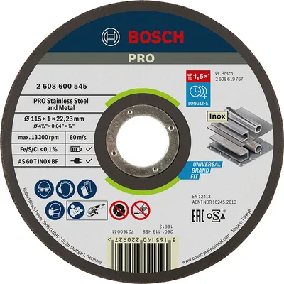 Диск карбофлексен за рязане Bosch на неръждаема стомана 115 мм, 2 мм, 22.23 мм, PRO Stainless Steel and Metal