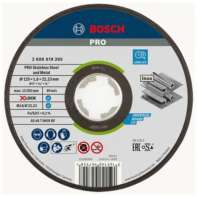 Диск карбофлексен за рязане Bosch на неръждаема стомана 125 мм, 1.6 мм, 22.23 мм, PRO Stainless Steel and Metal X-Lock