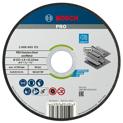 Диск карбофлексен за рязане Bosch на неръждаема стомана 125 мм, 1.6 мм, 22.23 мм, PRO Stainless Steel and Metal