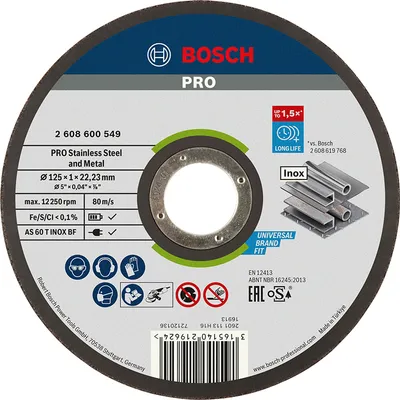 Диск карбофлексен за рязане Bosch на неръждаема стомана 125 мм, 1 мм, 22.23 мм, PRO Stainless Steel and Metal