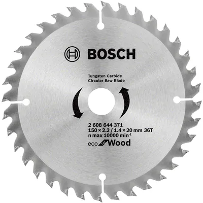 Диск циркулярен за рязане Bosch на дърво фино напречно надлъжно с HM пластини 150 мм, 20 мм, 1.4 мм, 36 z, Eco for Wood
