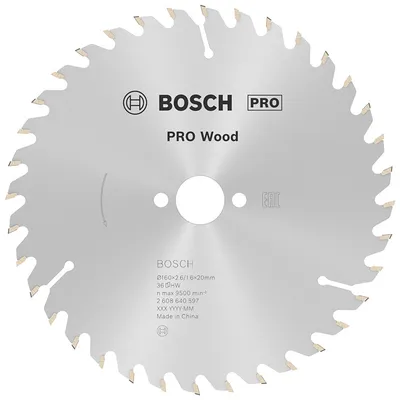 Диск циркулярен за рязане Bosch на дърво фино напречно надлъжно с HM пластини 160 мм, 20 мм, 1.6 мм, 36 z, PRO Wood