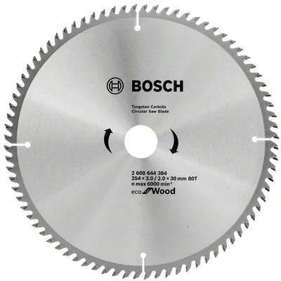 Диск циркулярен за рязане Bosch на дърво фино напречно надлъжно с HM пластини 254 мм, 30 мм, 2 мм, 80 z, Eco for Wood