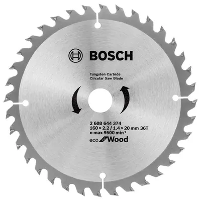 Диск циркулярен за рязане Bosch на дърво фино напречно с HM пластини 160 мм, 20 мм, 1.4 мм, 36 z, Eco for Wood