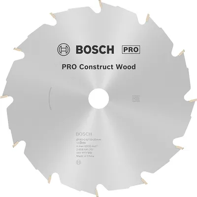 Диск циркулярен за рязане Bosch на дърво грубо с HM пластини 190 мм, 20 мм, 1.6 мм, 12 z, PRO Construct Wood