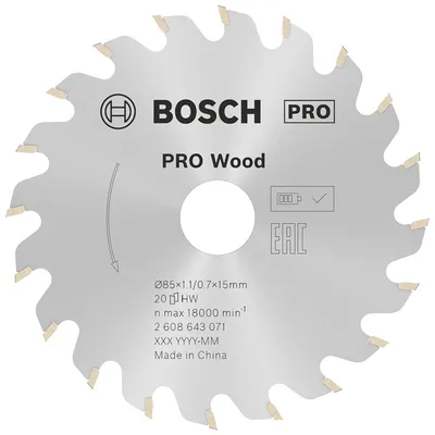 Диск циркулярен за рязане Bosch на дърво грубо с HM пластини 85 мм, 15 мм, 0.7 мм, 20 z, PRO Wood