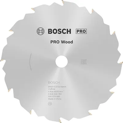 Диск циркулярен за рязане Bosch на дърво напречно надлъжно с HM пластини 160 мм, 16 мм, 1.6 мм, 12 z, PRO Wood