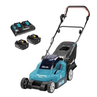 Акумулаторна косачка Makita с 2 батерии и зарядно, 36 V, 4 Ah, 380 мм, 560 м2, DLM382PM2