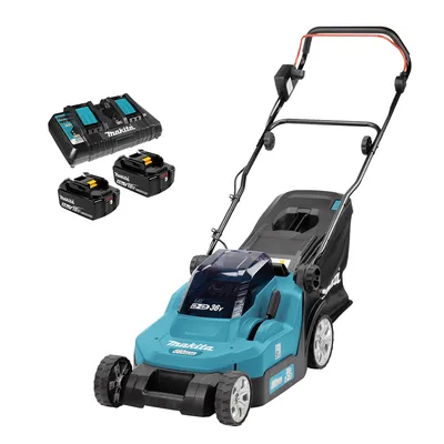Акумулаторна косачка Makita с 2 батерии и зарядно, 36 V, 5 Ah, 380 мм, 560 м2, DLM382PT2
