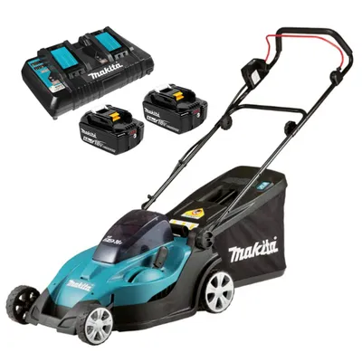Акумулаторна косачка Makita с 2 батерии и зарядно, 36 V, 5 Ah, 430 мм, 575 м2, DLM432PT2