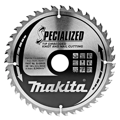 Диск циркулярен за рязане Makita на дърво фино напречно надлъжно с HM пластини 190 мм, 30 мм, 1.25 мм, 40 z, Specialized