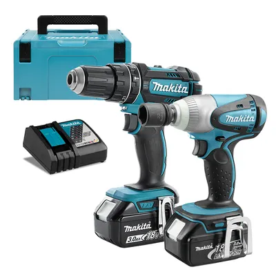 Комплект акумулаторни инструменти Makita с 2 батерии и зарядно, DHP482, DTW301, 18 V, 3 Ah, DLX2133J