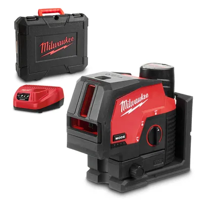 Комбиниран лазерен нивелир Milwaukee с 2 линии и 2 точки с 1 батерия и зарядно, 12 V, 3 Ah, 38 м, 50 м, 0.3 мм/м, M12 CLLP-301C