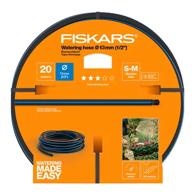 Градински маркуч за поливане Fiskars PVC 3-слоен армиран 13 мм, 20 м, черен с цветна маркировка