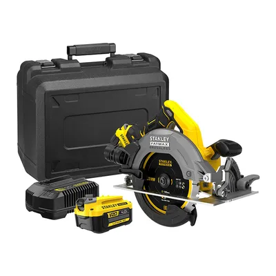 Акумулаторен ръчен циркуляр Stanley  с 2 батерии и зарядно, 18 V, 4 Ah, ф 190 мм, 5000 об./мин, SFMCS550M2K