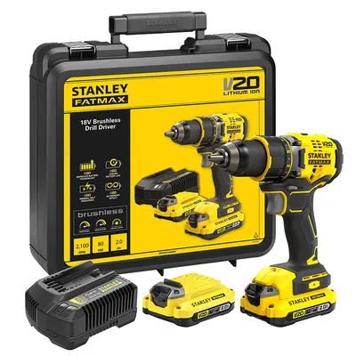Акумулаторен винтоверт Stanley с безчетков двигател  с 2 батерии и зарядно, 18 V, 2 Ah, 80 Nm, 1.5-13 мм, SFMCD720D2K