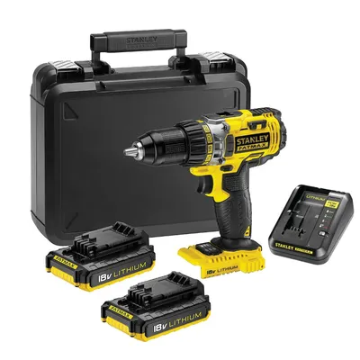 Акумулаторен винтоверт Stanley с колекторен двигател  с 2 батерии и зарядно, 18 V, 2 Ah, 49.6 Nm, 1.5-13 мм, FMC600D2