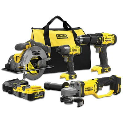 Комплект акумулаторни инструменти Stanley с 2 батерии и зарядно, SFMCD711, SFMCF800, SFMCG400, SFMCS500, 18 V, 4 Ah, SFMCK469M2