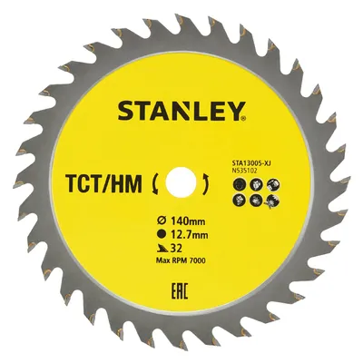 Диск циркулярен за рязане Stanley на дърво фино напречно надлъжно с HM пластини  140 мм, 12.7 мм, 32 z, STA13005-XJ