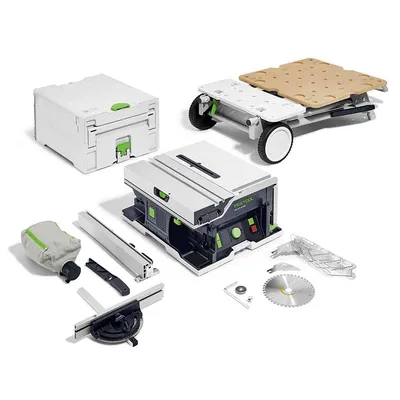 Акумулаторен настолен циркуляр Festool в комплект с количка без батерия и зарядно, 2x18 V, ф 168 мм, 4500–6800 об./мин, CSC SYS 50 EB-Basic-Set