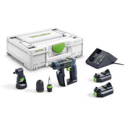 Акумулаторен винтоверт Festool с колекторен двигател с 2 батерии и зарядно, 10.8 V, 2.6 Ah, 16 Nm, 1-10 мм, CXS Li 2.6 set