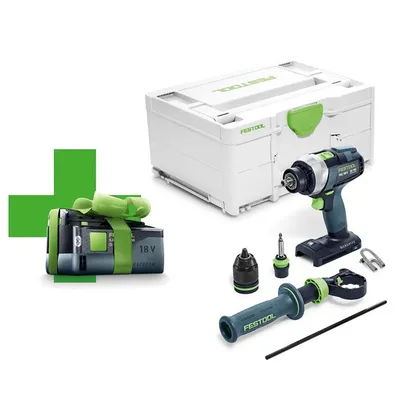 Акумулаторна бормашина Festool с подарък с 1 батерия без зарядно, 18 V, 5 Ah, 75 Nm, 0-500/0-800/0-2350/0-3600 об./мин, 1.5-13 мм, TDC 18/4 I-Basic-5.0