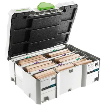 Дюбел дървен Festool комплект с фрезер  12x100, 12x140, 14x100, 14x140 мм, Domino BU