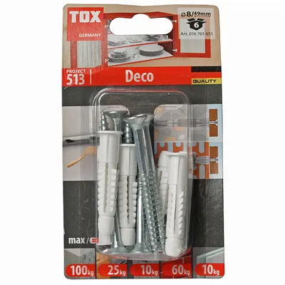 Дюбел пластмасов Tox с опорен пръстен и винт PZ  ф 8x49 мм, 6 бр./опак., Deco S