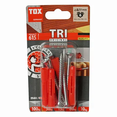 Дюбел пластмасов Tox с опорен пръстен и винт PZ  ф 8x51 мм, 6 бр./опак., TRI S