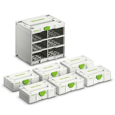 Органайзер за консумативи Festool пластмасов с прегради комплект със стойка за Systainer3 S 76 и MINI-Systainer, 6 бр., 396x296x330 мм, 20 кг, бял, Systainer3 SYS3-RK/6 M 337-Set