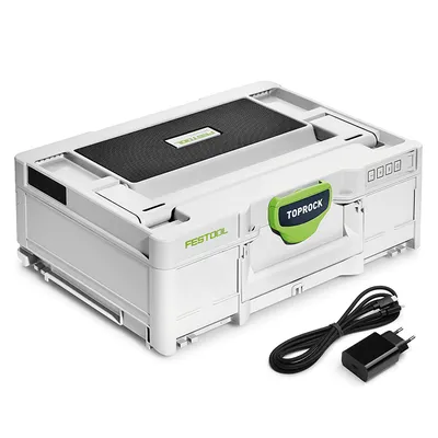 Пластмасов куфар Festool за инструменти с високоговорител с вградена батерия и зарядно, 396x296x137 мм, бял, Toprock SYS3 BT20 M 137 USB-C