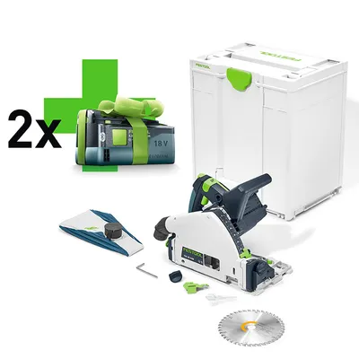 Ръчен потапящ се циркуляр Festool акумулаторен с подарък с 2 батерии без зарядно, 18 V, 5 Ah, ф 160 мм, 2650-3800/5200 об./мин, TSC 55 KEB-Basic-5.0