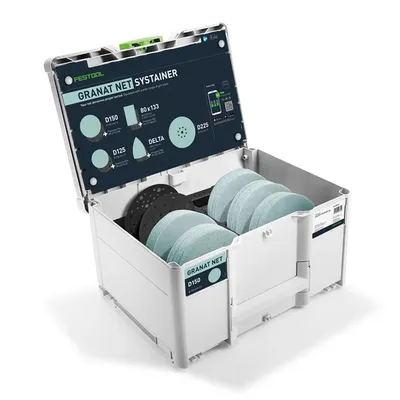 Шкурка за ротационен шлайф Festool с велкро без отвори комплект 150 мм, P120, P180, P240, P60, P80, 102 бр., SYS-STF D150 GR NET-Set