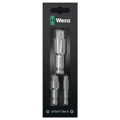 Адаптор преход за вложки Wera 3 бр., шестостен - квадрат, 1/4" х 3/8" х 1/2", 870/4/7 Set A SB