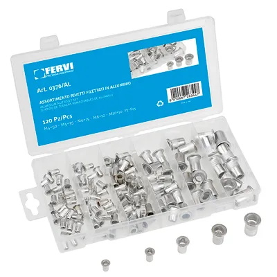 Нит гайка Fervi с периферия алуминиева комплект 120 бр., M4, M5, M6, M8, M10