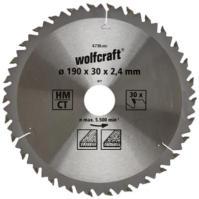 Диск циркулярен за рязане Wolfcraft на дърво фино напречно надлъжно с HM пластини 190 мм, 30 мм, 30 z