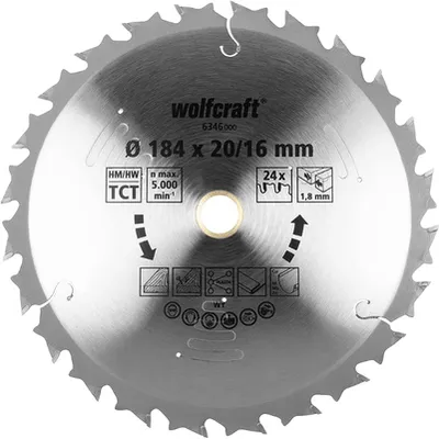 Диск циркулярен за рязане Wolfcraft на дърво напречно надлъжно с HM пластини 184 мм, 20/16 мм, 1.8 мм, 24 z