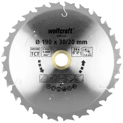Диск циркулярен за рязане Wolfcraft на дърво напречно надлъжно с HM пластини 190 мм, 30/20 мм, 1.8 мм, 24 z