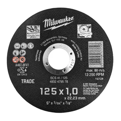 Диск карбофлексен за рязане Milwaukee на неръждаема стомана 125 мм, 1 мм, 22.2 мм, SCS41